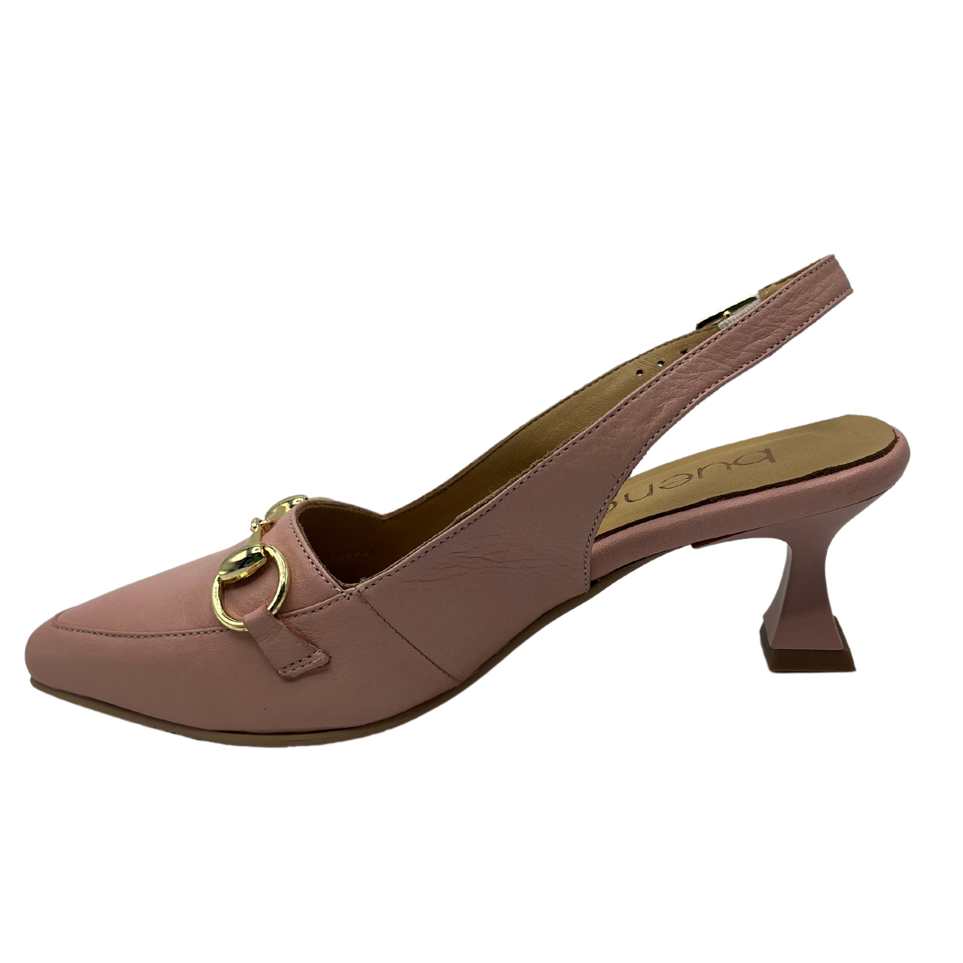 Left facing view of peach leather shoe with flared heel, slingback strap and pointed toe