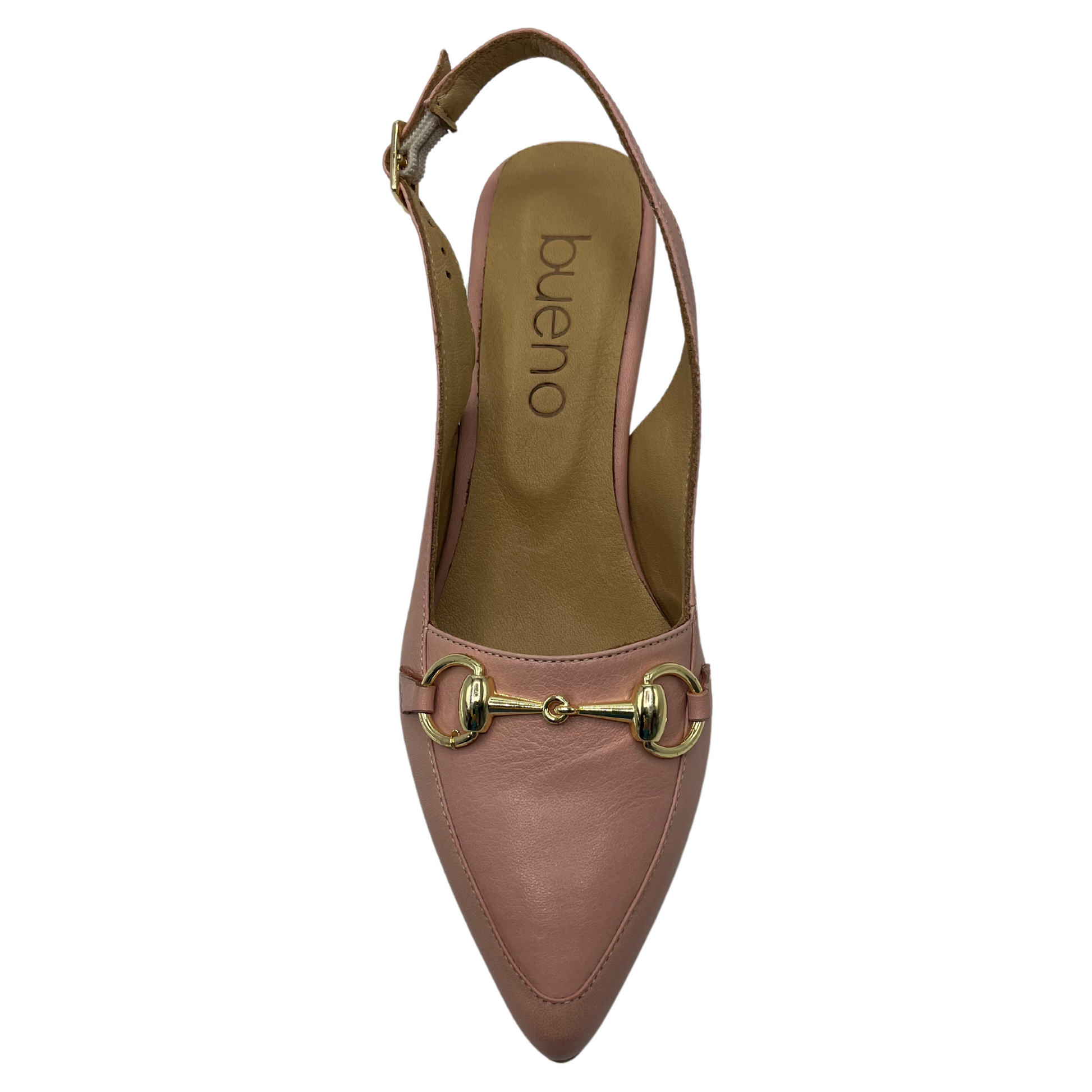 Top view of peach leather shoe with pointed toe and gold bit detail on upper