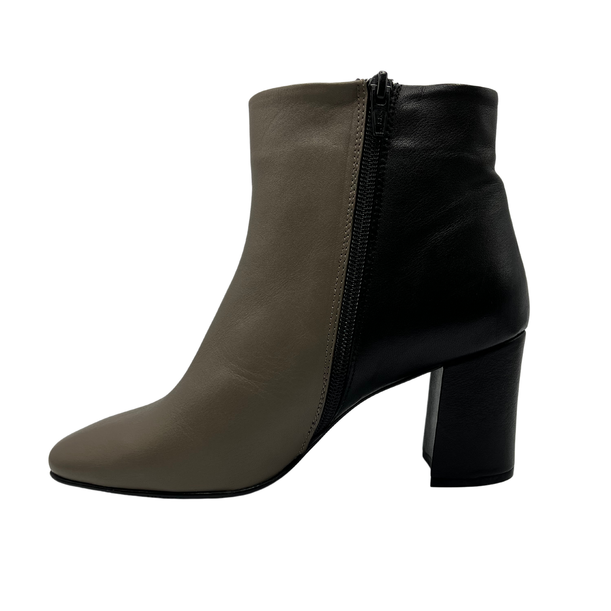 Left facing view of colour block leather bootie. 3 inch heel height, soft square toe and side zipper closure.