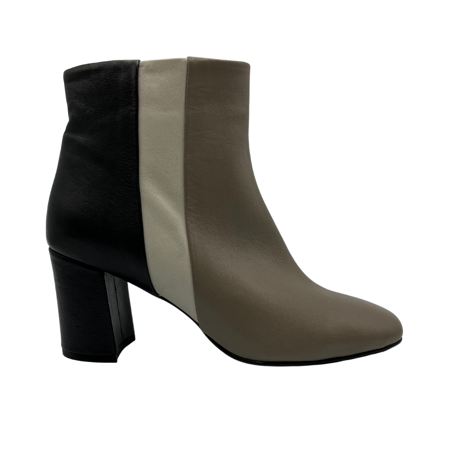 Right facing view of colour block leather bootie. 3 inch heel height, soft square toe and side zipper closure.