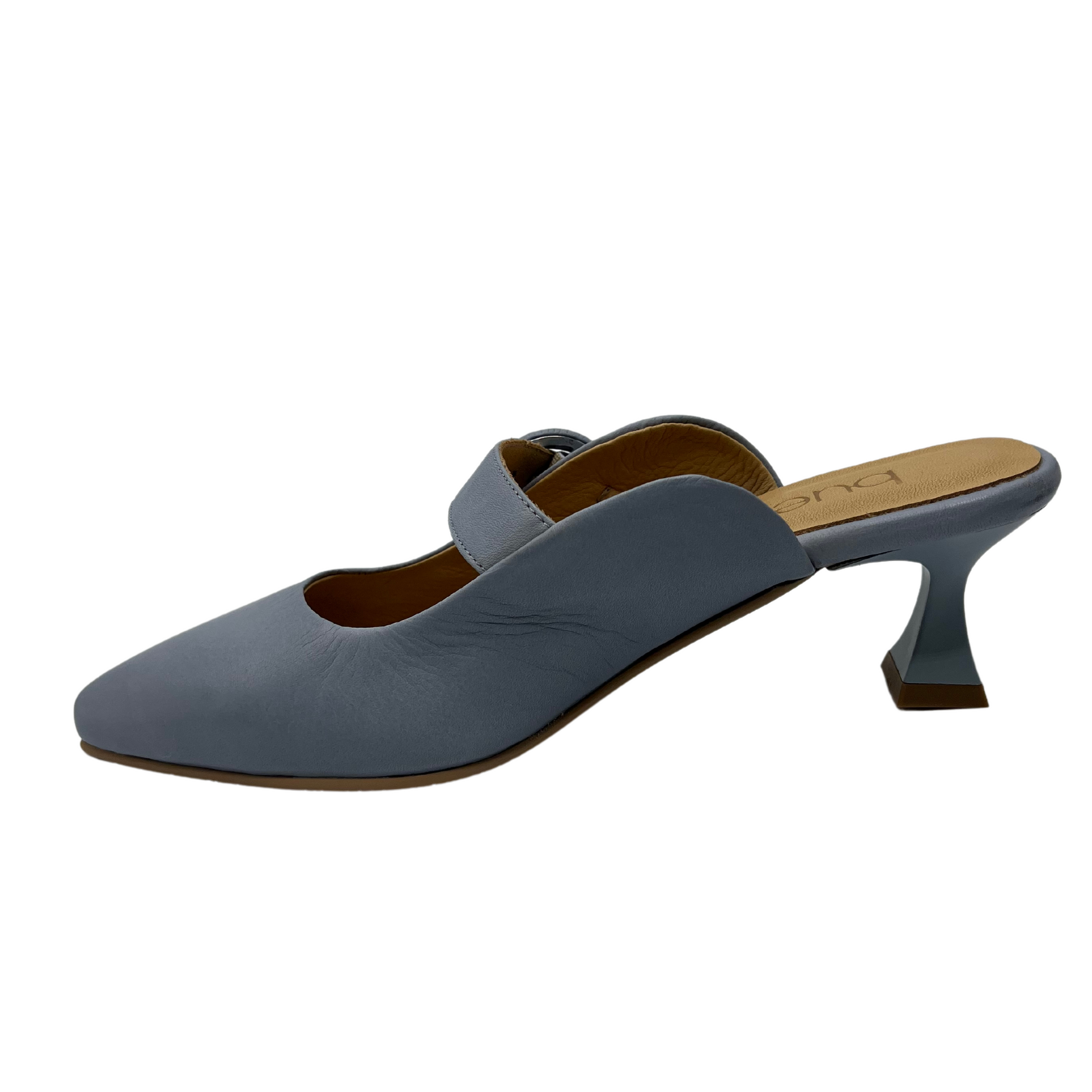 Left facing view of powder blue leather slip-on mary jane with flared heel