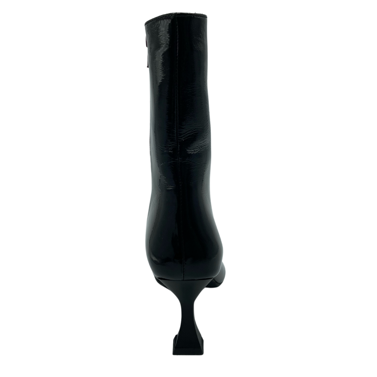 Back view of black patent leather short boot with flared heel and side zipper closure