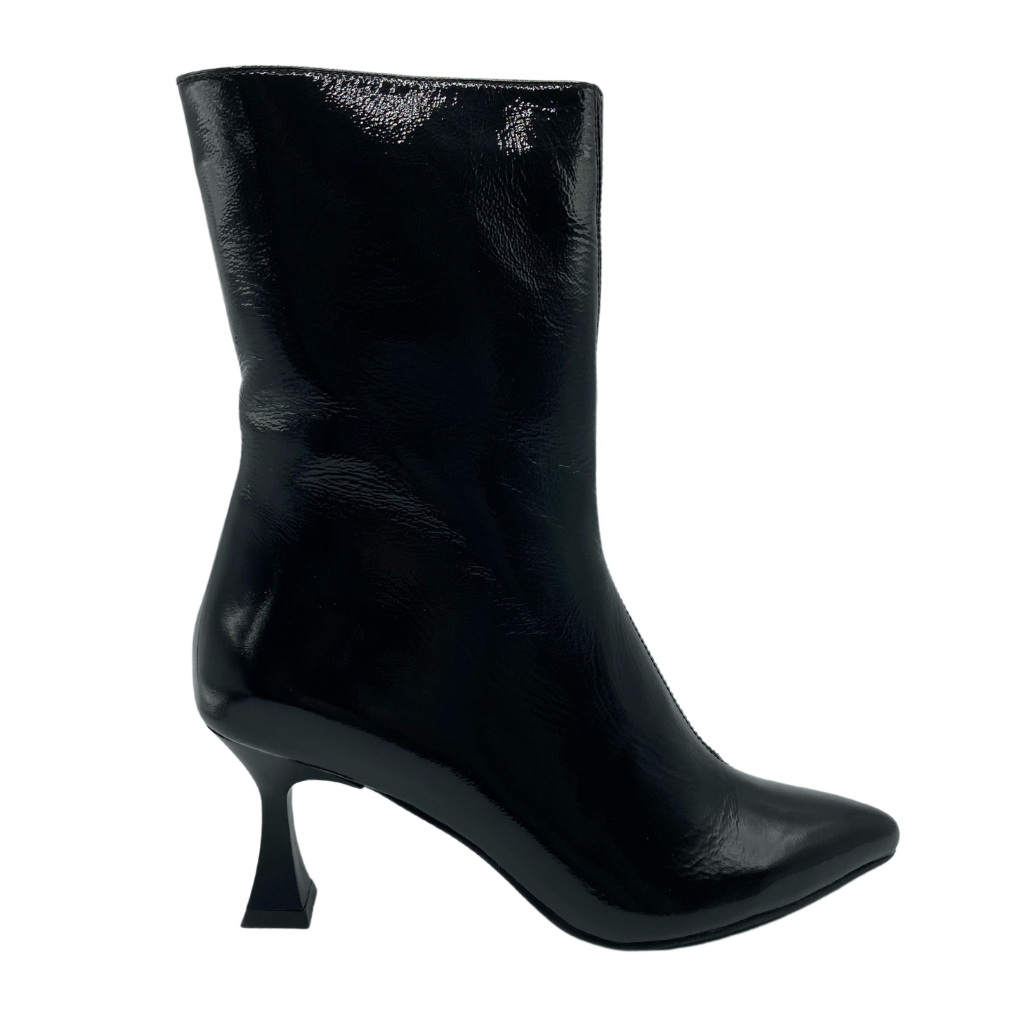 Right facing view of patent leather short boot with pointed toe and flared heel