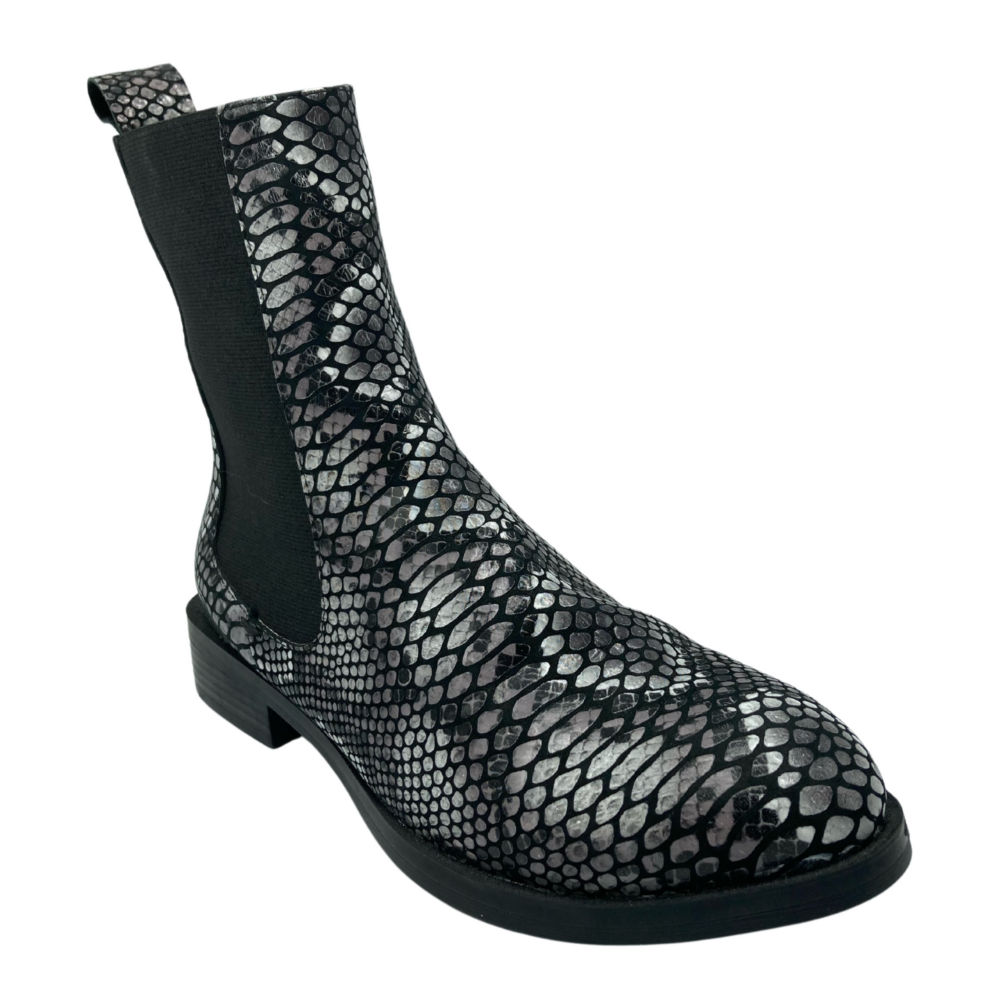 45 degree angled view of leather snake print short boot with block heel and elastic side gore
