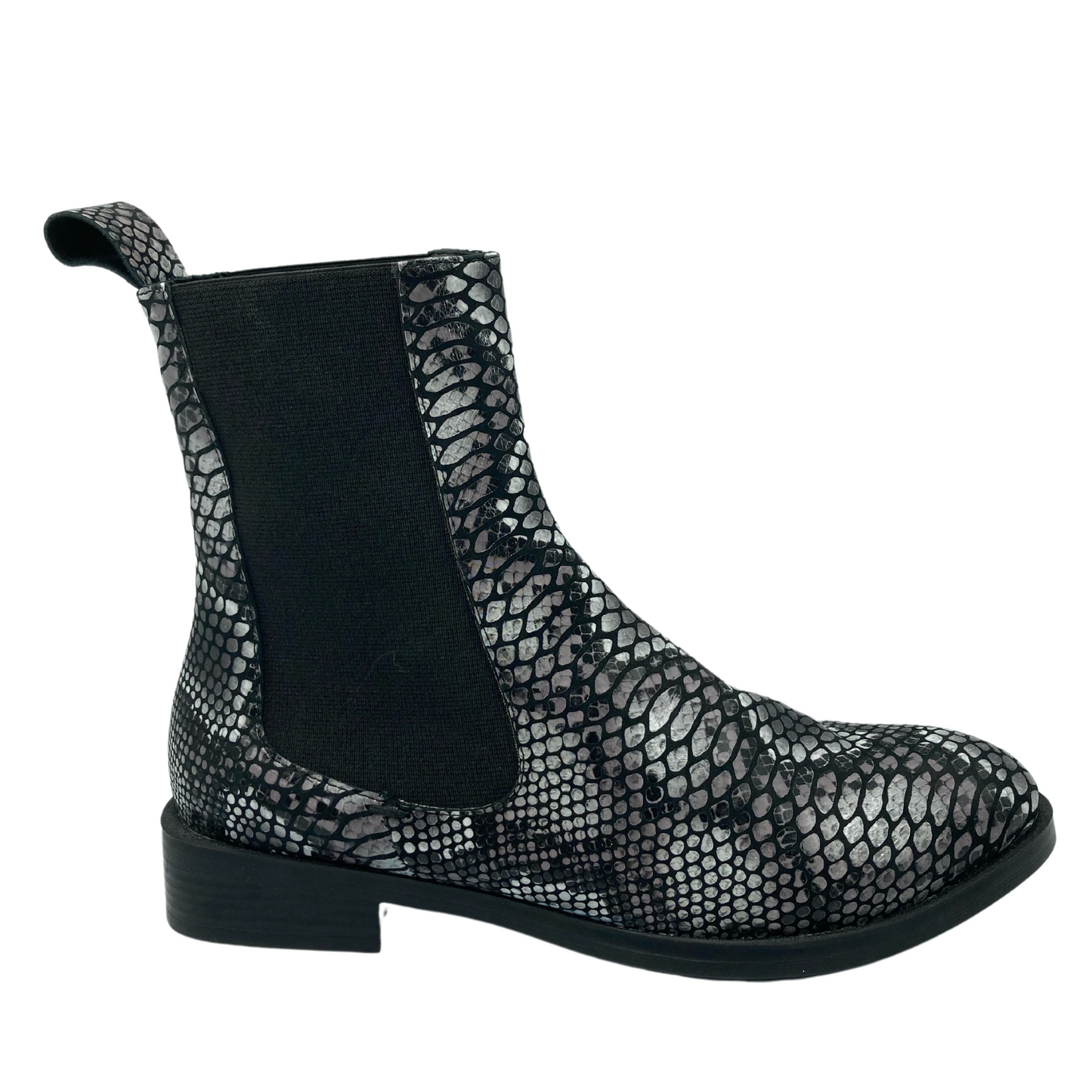 Right facing view of leather snake skin print short boot with elastic side gore