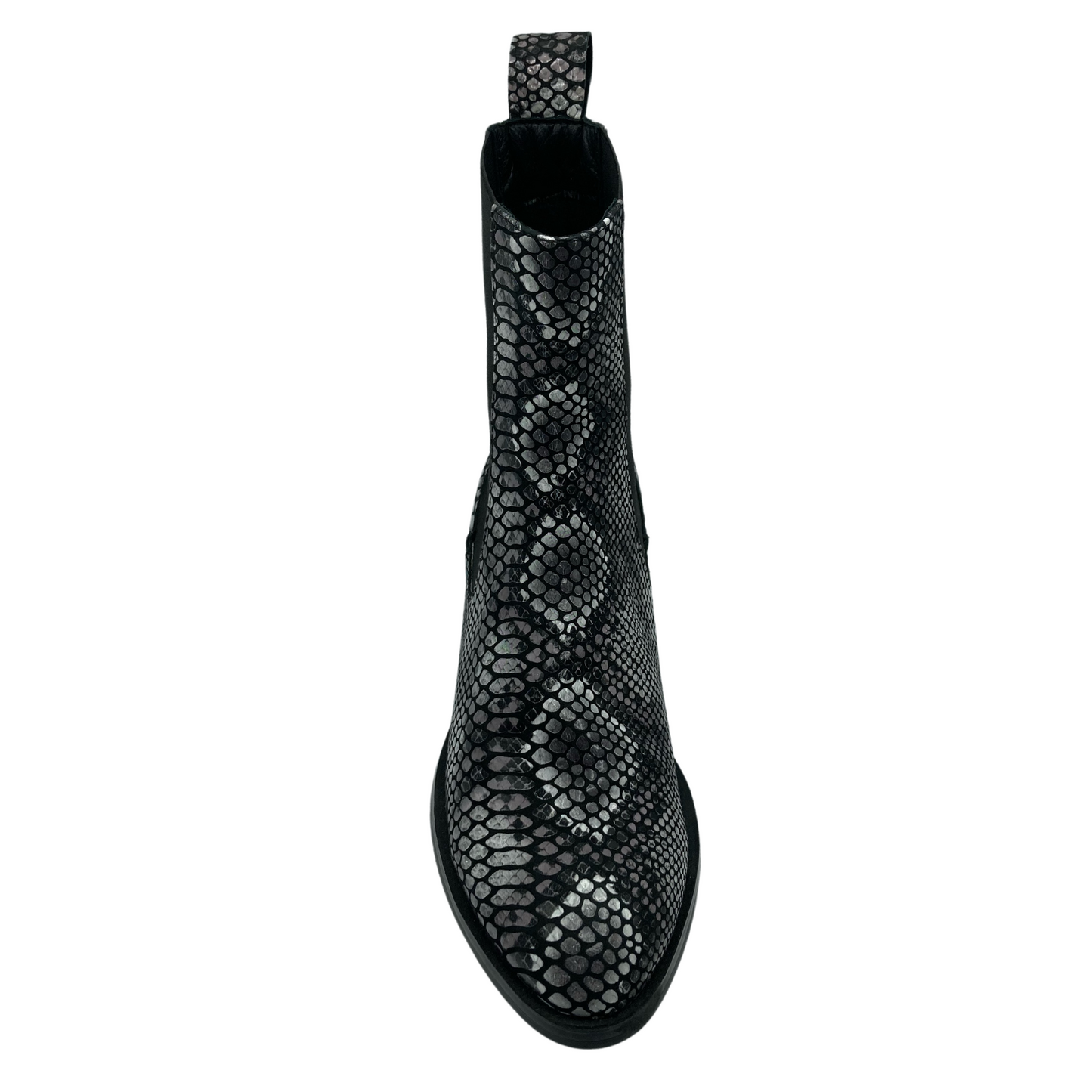 Top view of snake skin print leather boot with pull on heel tab