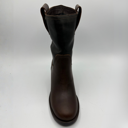 Top view of a brown leather short boot with a stacked heel and gold button accent