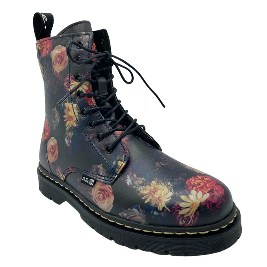 45 degree angled view of floral combat boot with floral patterned upper and black outsole