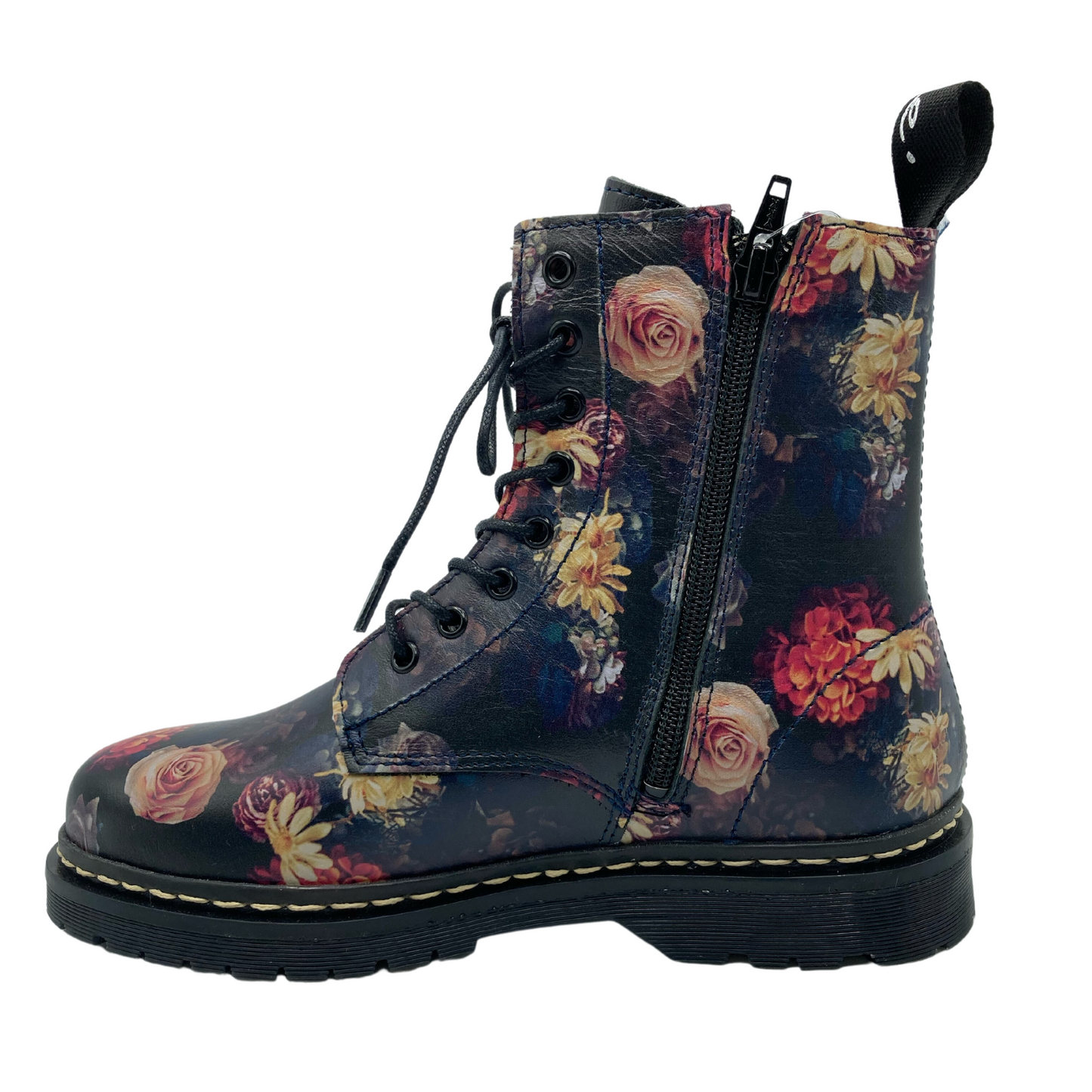 Left facing view of floral combat boot with side zipper closure and black outsole