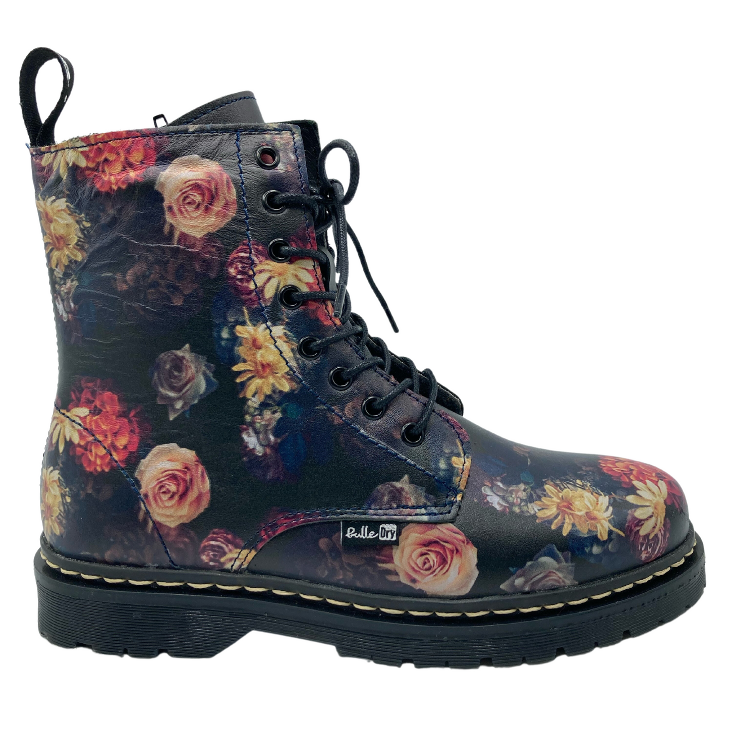 Right facing view of dark floral combat boot with lace up upper and black outsole