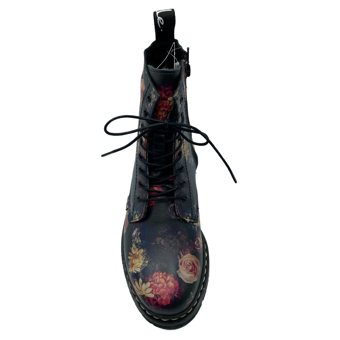Top view of floral combat boot with lace up upper and rounded toe