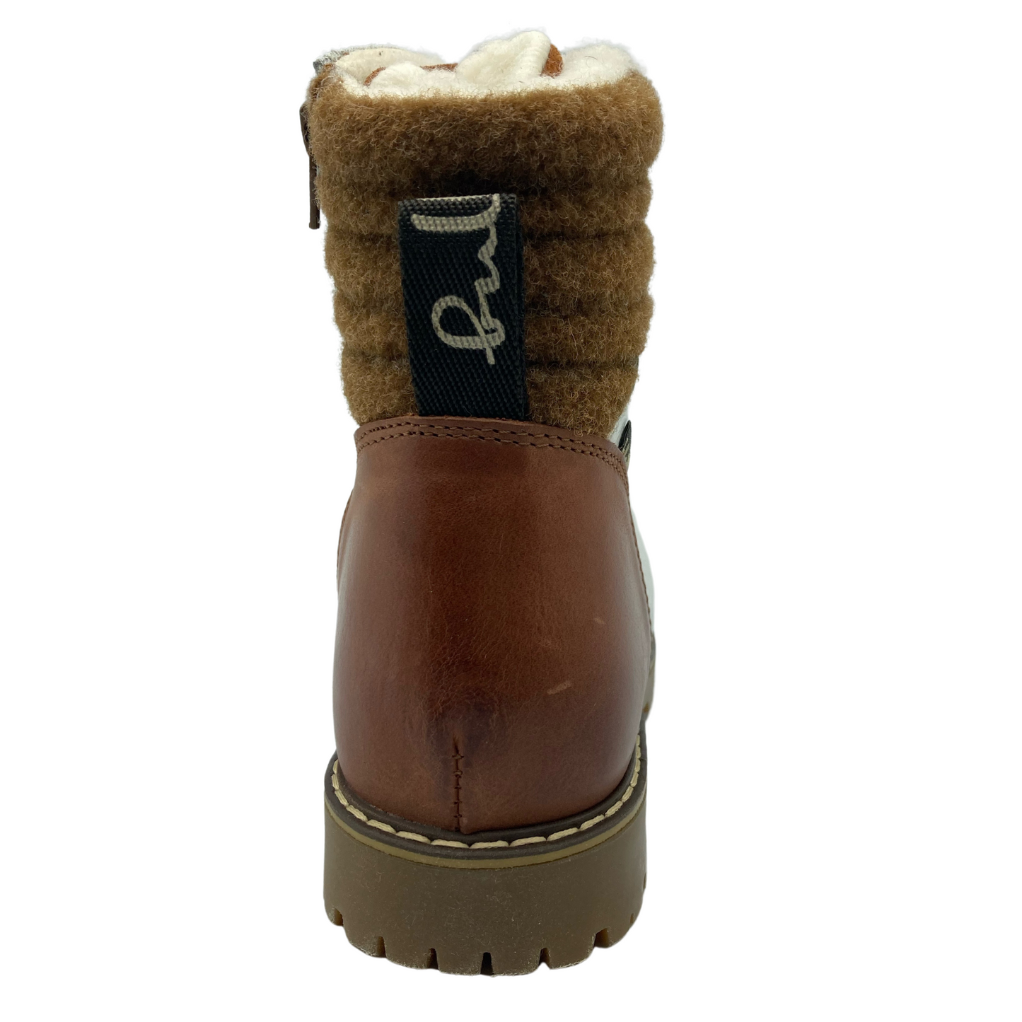 Back view of leather winter boot with rubber heel and side zipper closure