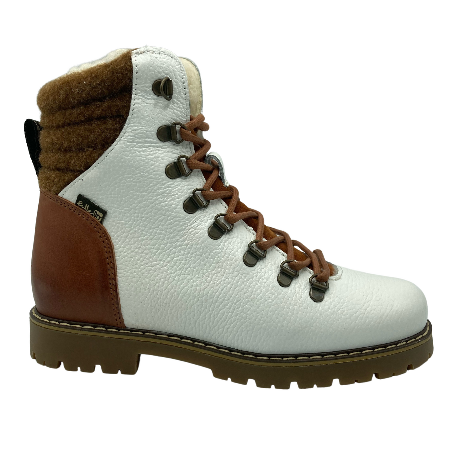 Right facing view of white leather short boot with wool lining and brown heel detail