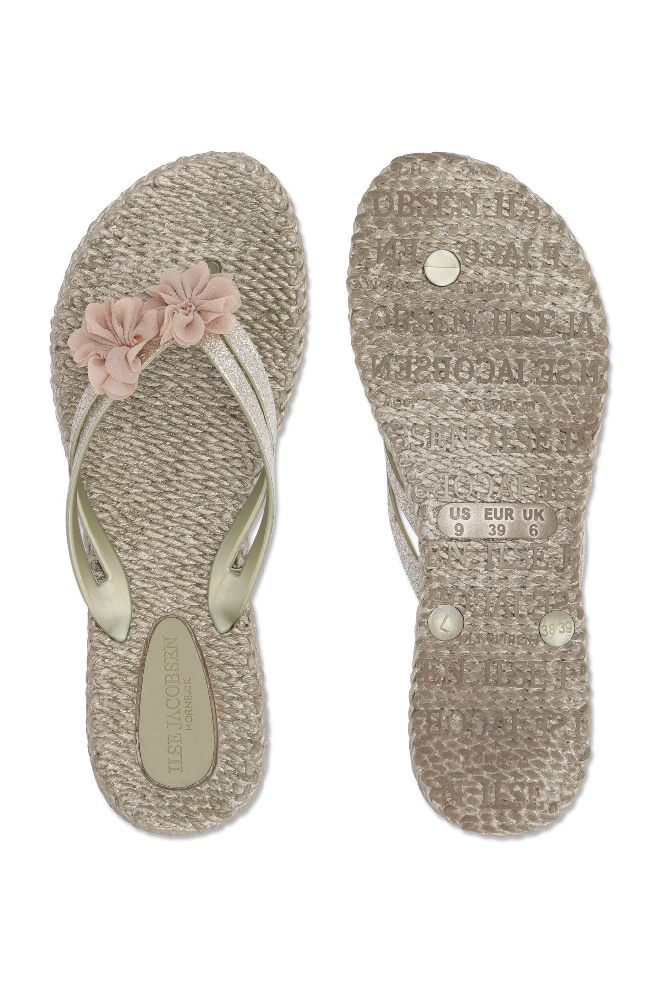 Pair of beige Flip flops with pretty matching floral detail. Shop ILSE JACOBSEN shoes at waterlilyshoes.com