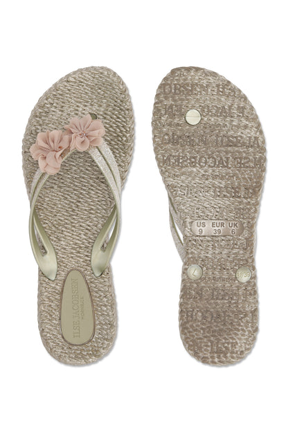 Pair of beige Flip flops with pretty matching floral detail. Shop ILSE JACOBSEN shoes at waterlilyshoes.com