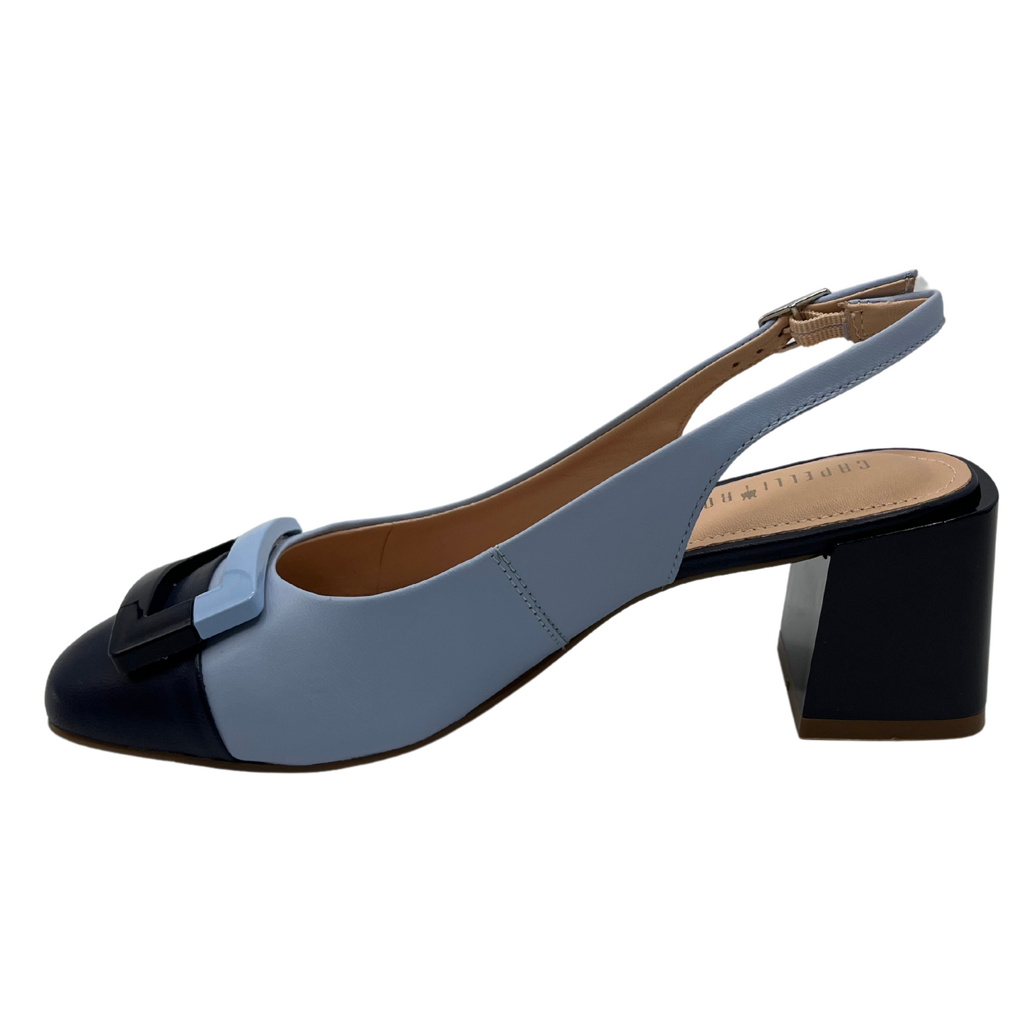 Left facing view of light blue and navy slingback heel with block heel and square detail on toe