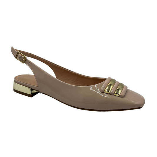 45 degree angled view of nude pink patent leather flat with pointed toe, slingback strap and gold details