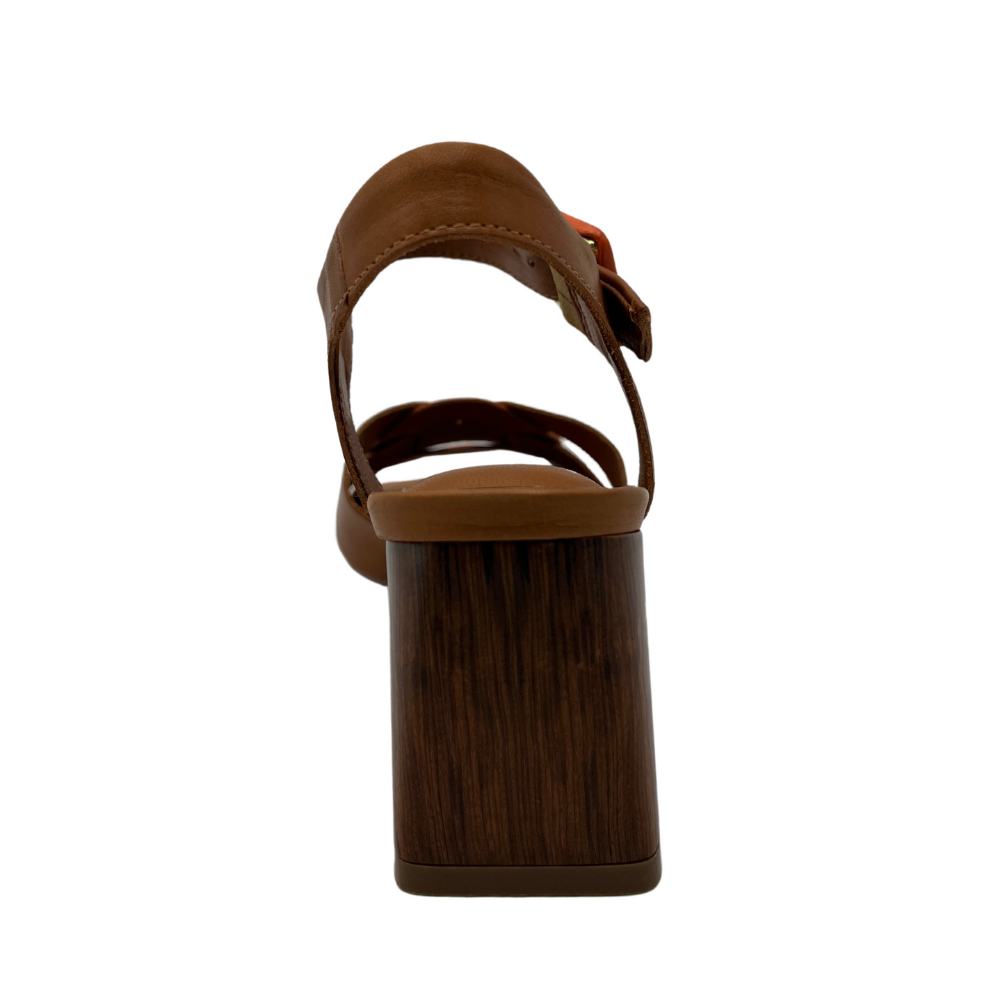 Back view of brown leather sandal with square toe and block heel. Orange leather details on strap and toe