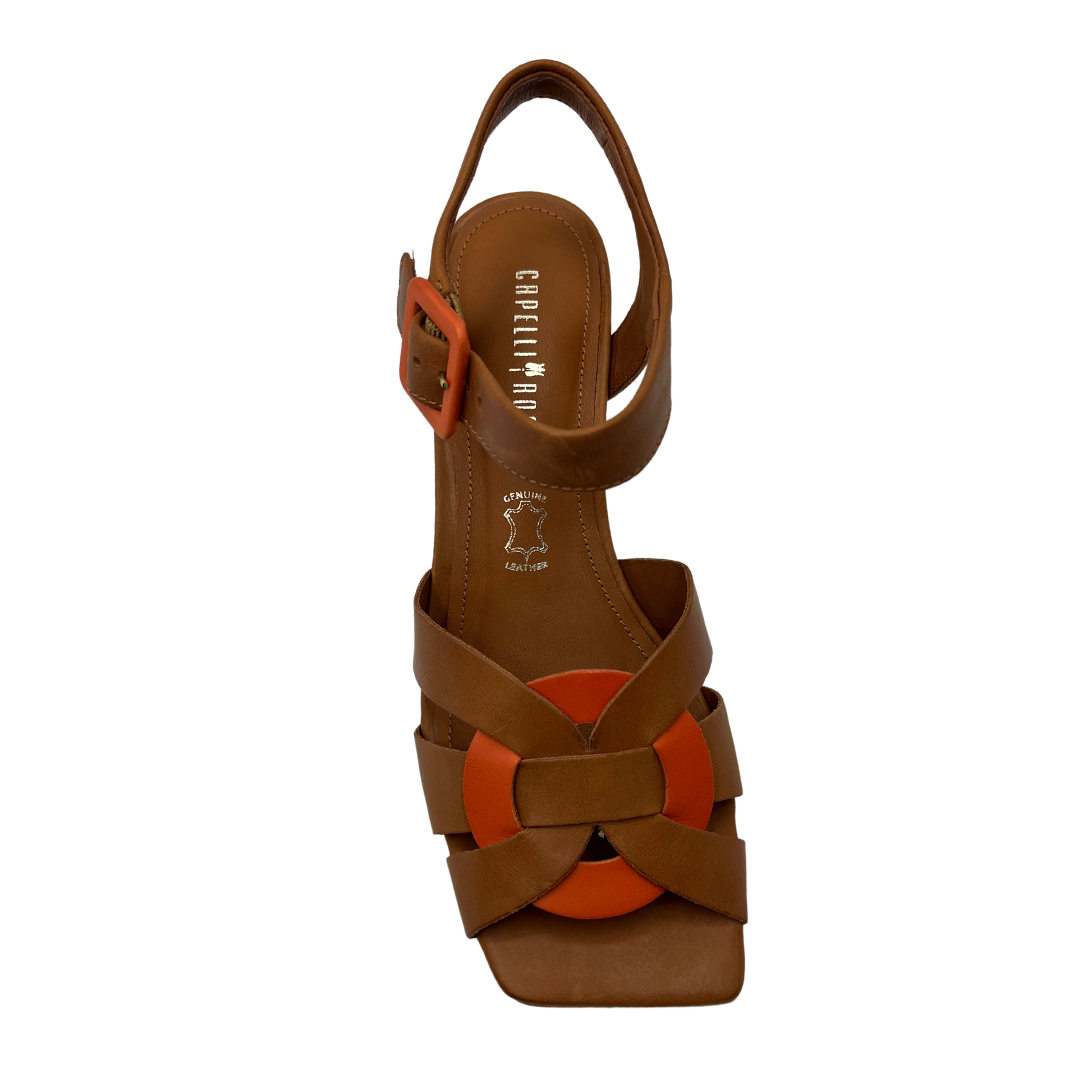 Top view of brown leather sandal with square toe and block heel. Orange leather details on strap and toe