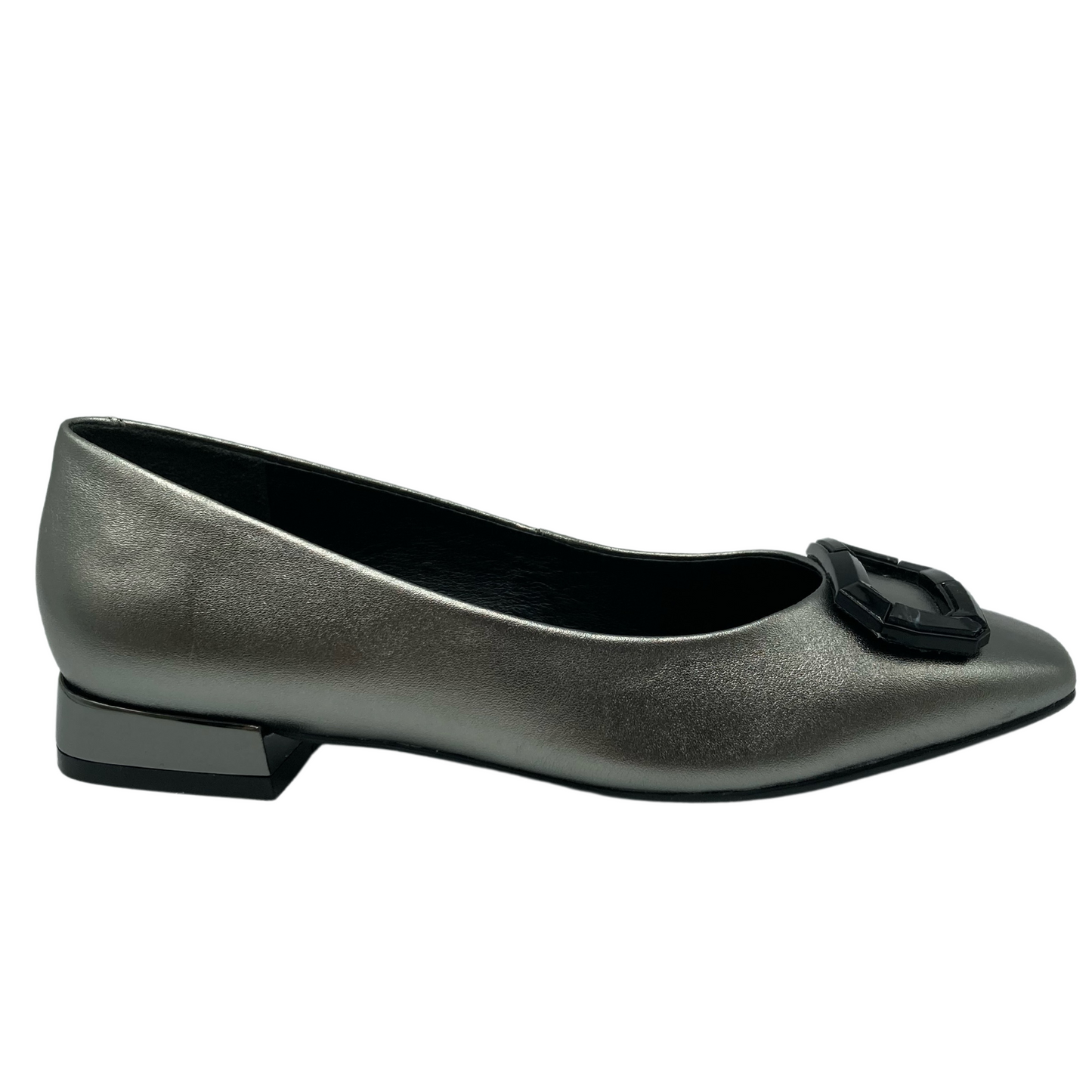 Right facing view of silver ballet flat with short block heel and black buckle detail on toe