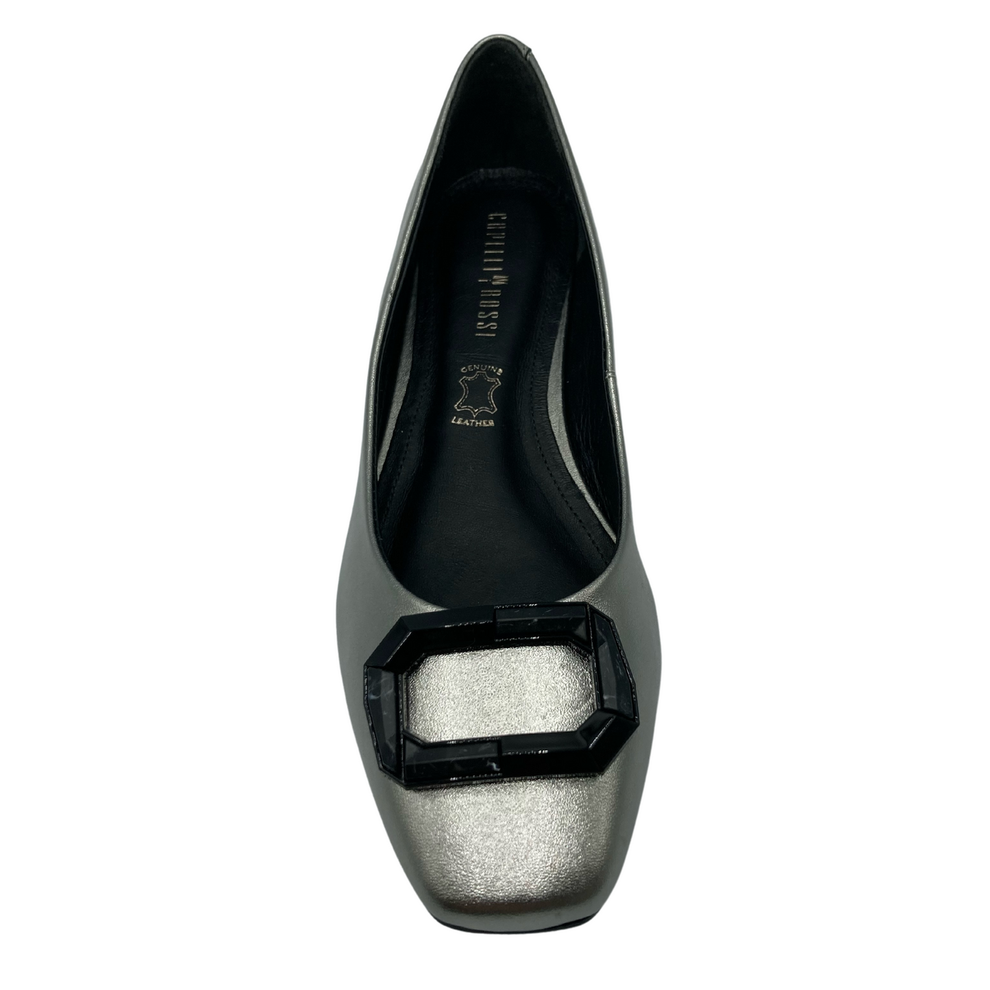 Top view of silver ballet flat with square toe and black buckle detail