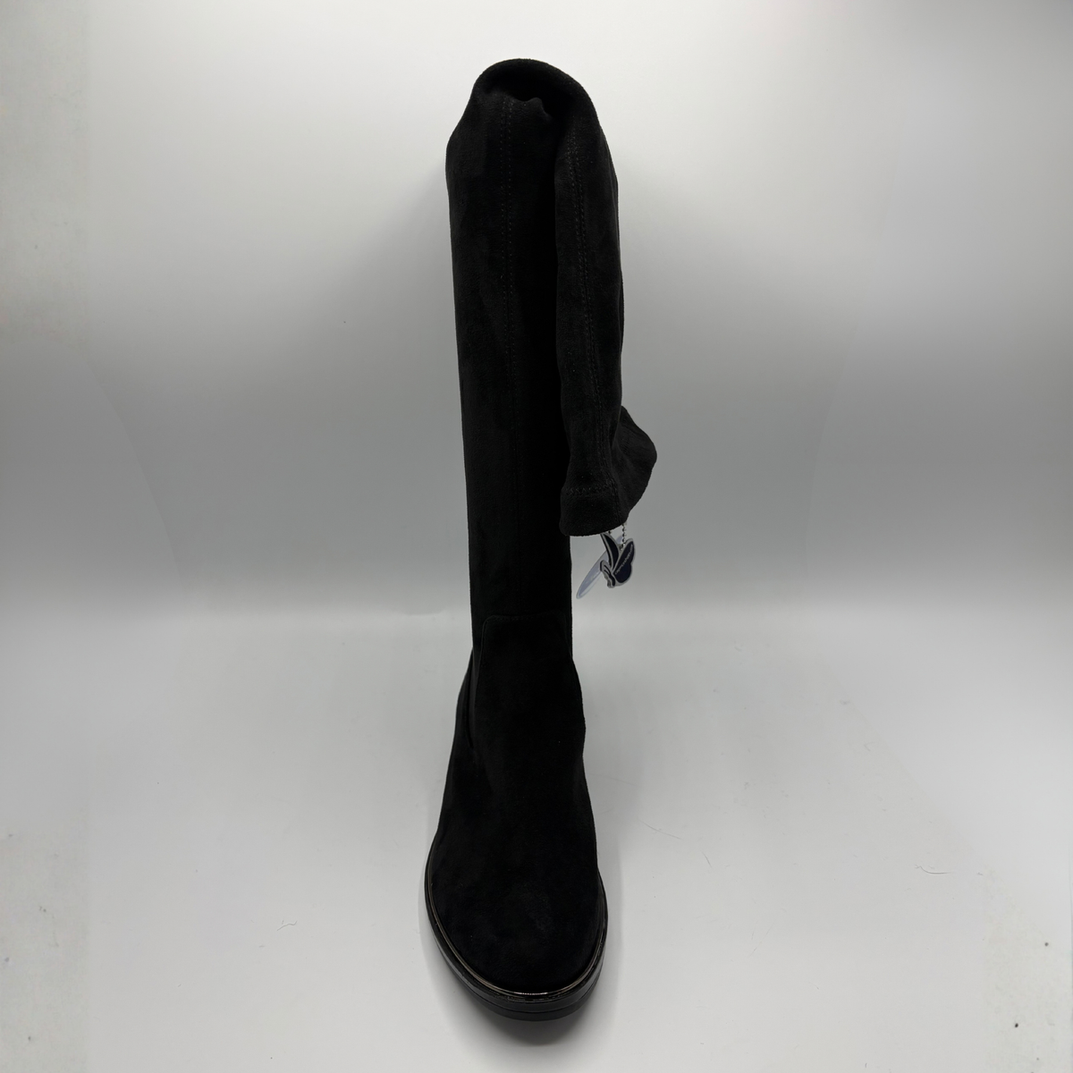 Front view of a tall black boot on a white background