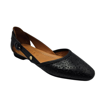 45 degree angled view of a black perforated leather flat with a slightly pointed toe. Leather lined and has an adjustable side strap.