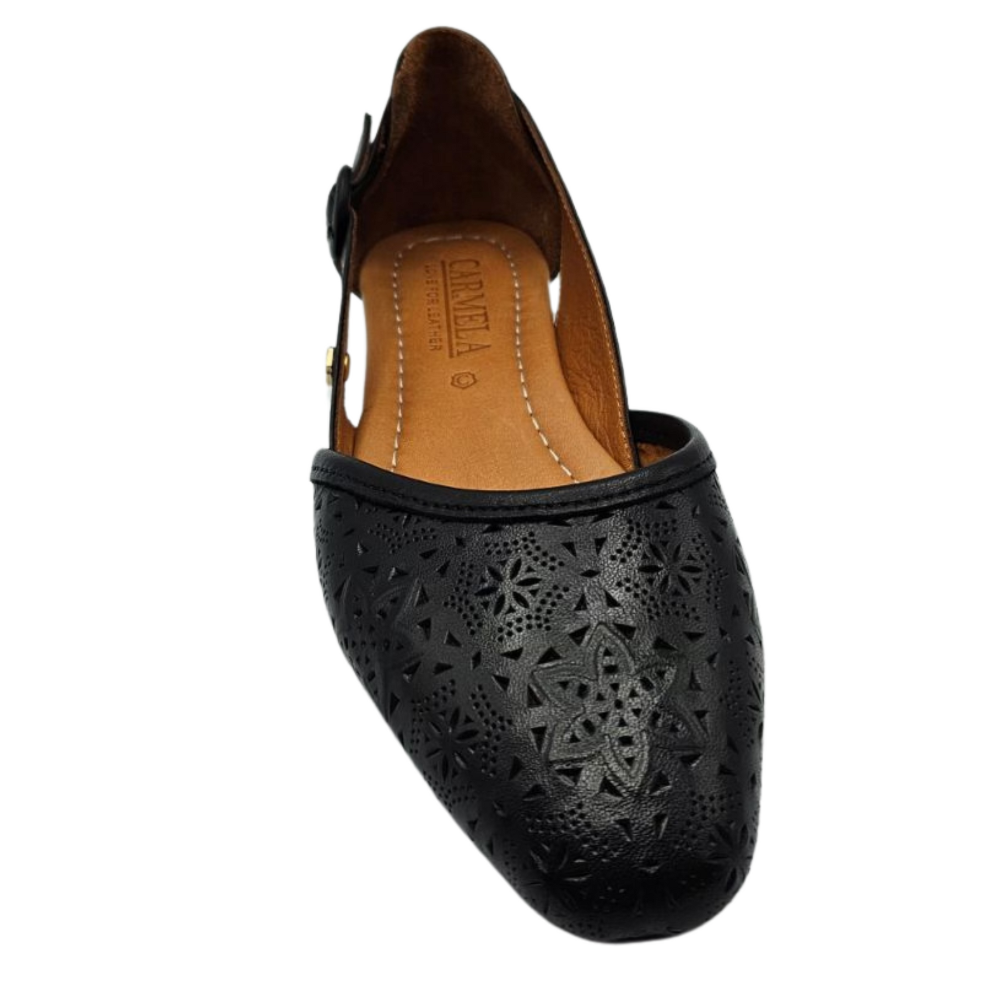 Front facing view of a black perforated leather flat with a slightly pointed toe. Leather lined and has an adjustable side strap.