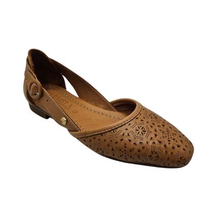 45 degree angled view of a tan perforated leather flat with a slightly pointed toe. Leather lined and has an adjustable side strap.