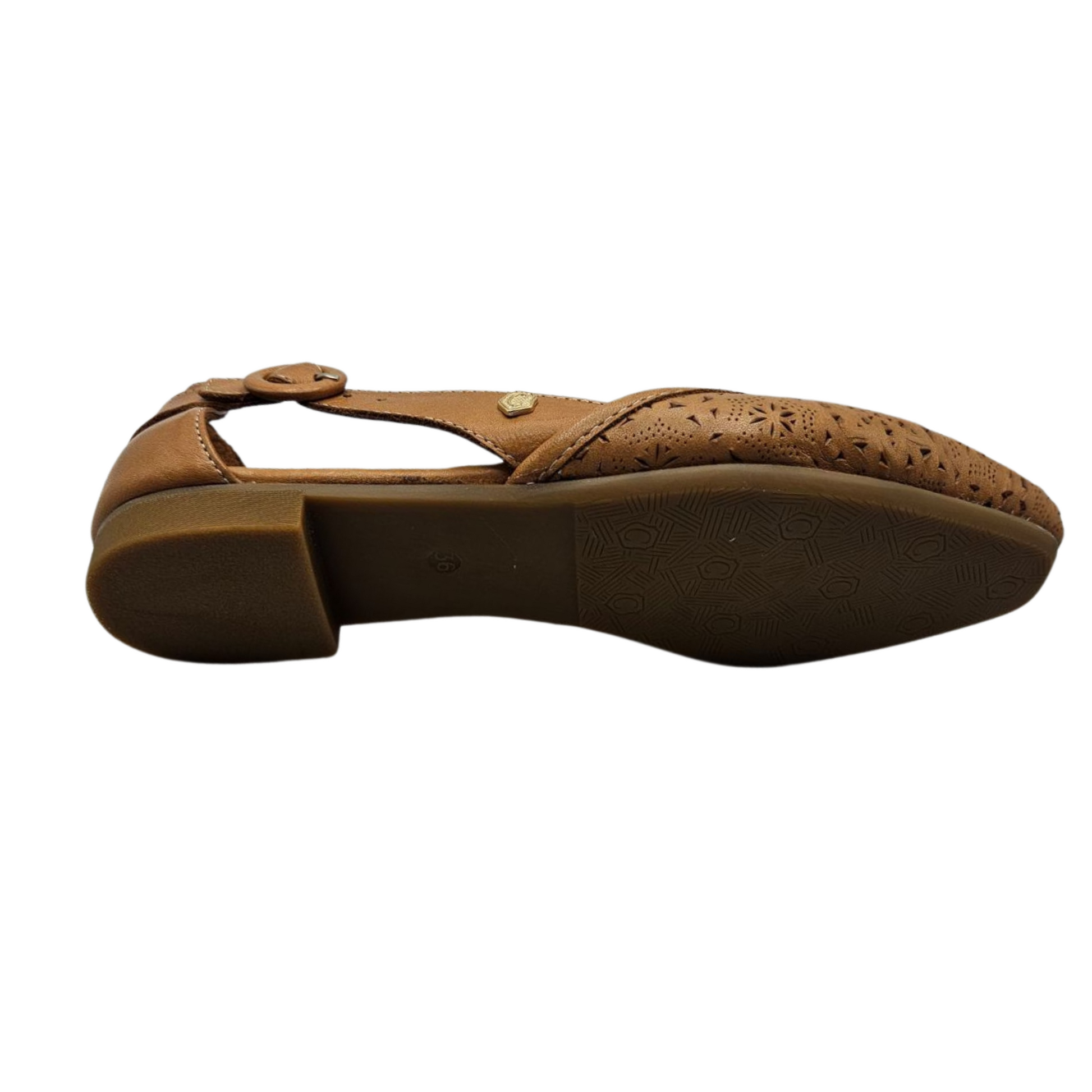 Bottom view of a tan perforated leather flat with a slightly pointed toe. Leather lined and has an adjustable side strap.