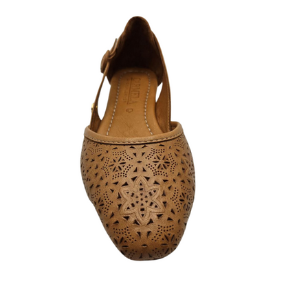 Front facing view of a tan perforated leather flat with a slightly pointed toe. Leather lined and has an adjustable side strap.