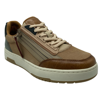 45 degree angled view of brown leather sneaker with side zipper closure and white rubber outsole
