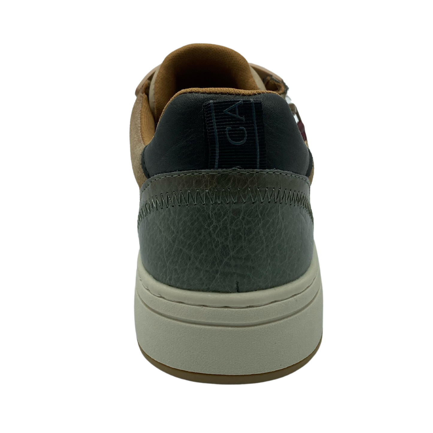 Back view of leather sneaker with white rubber outsole