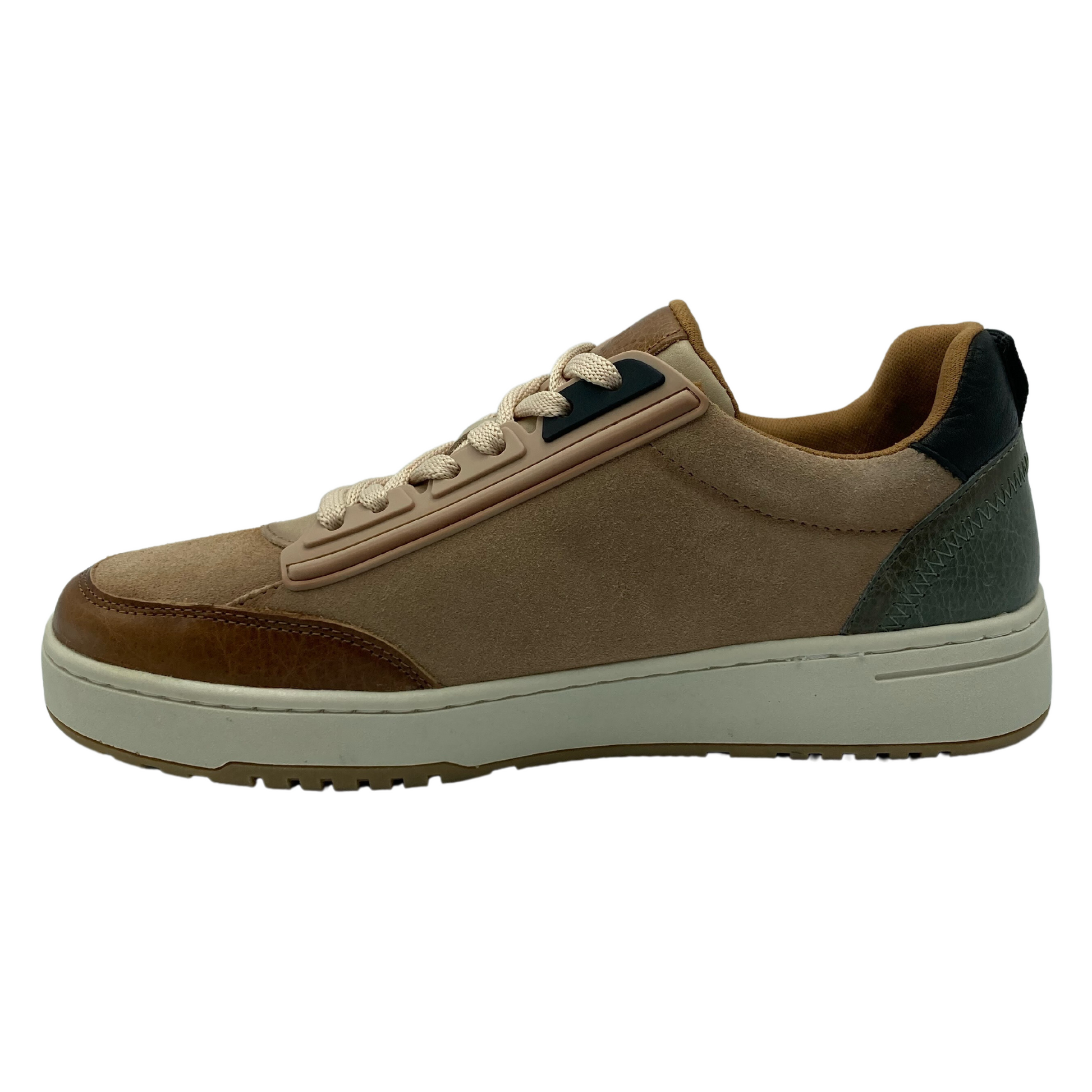 Left facing view of brown and khaki leather sneaker with white rubber outsole
