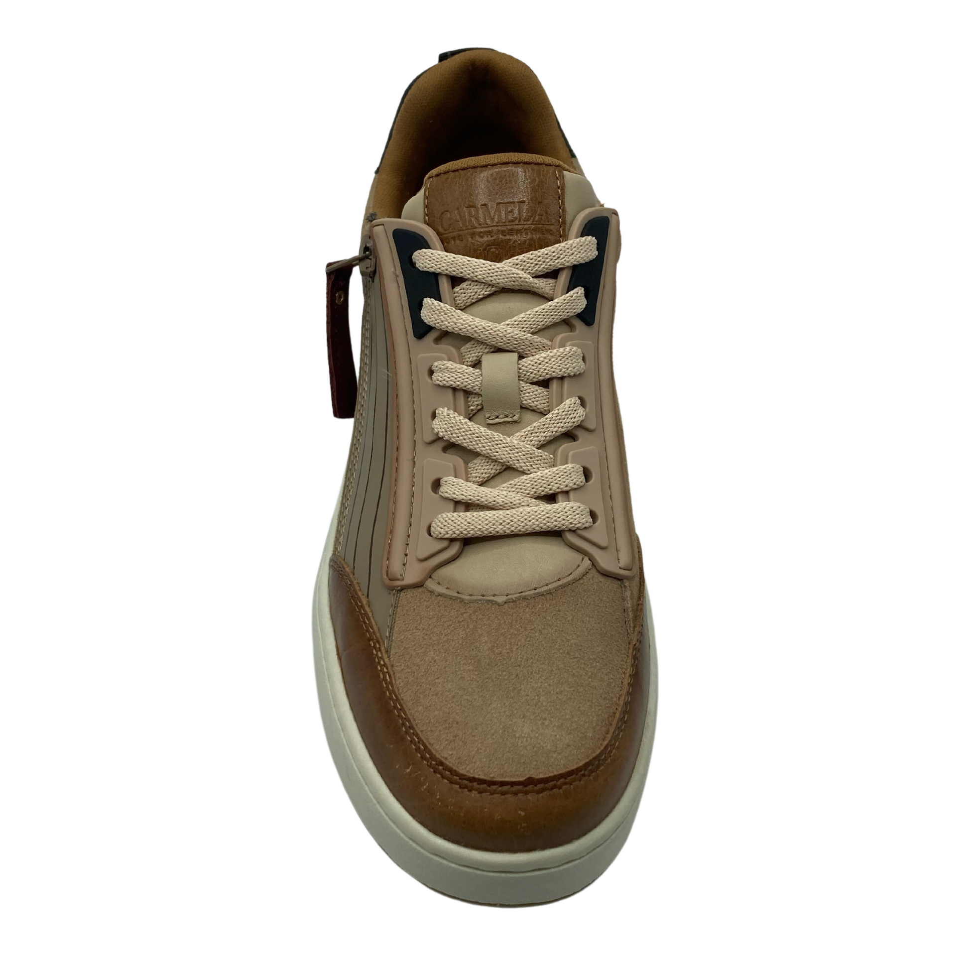 Top view of brown leather sneaker with cream laces and side zipper closure