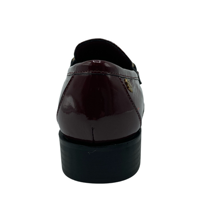 Back view of burgundy leather loafer with short black heel 