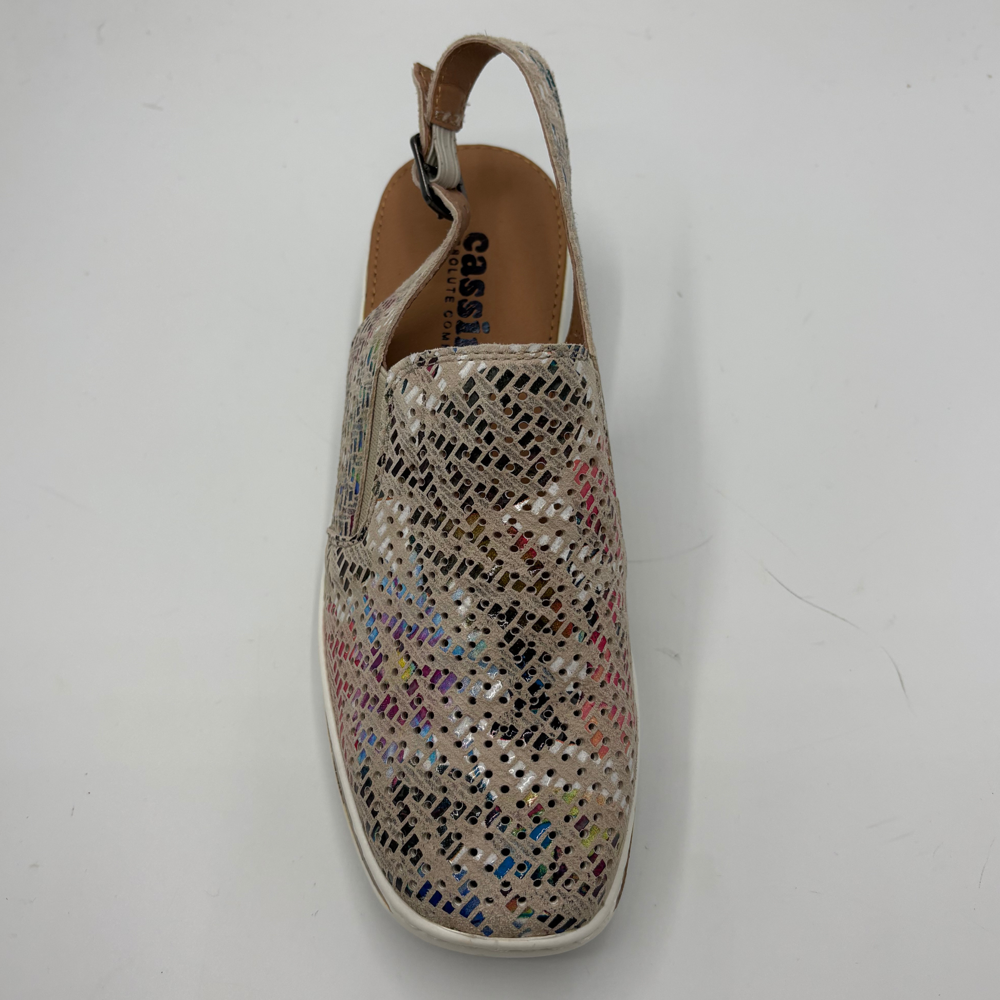Multicoloured sequin shoe on a white background
