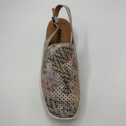 Multicoloured sequin shoe on a white background