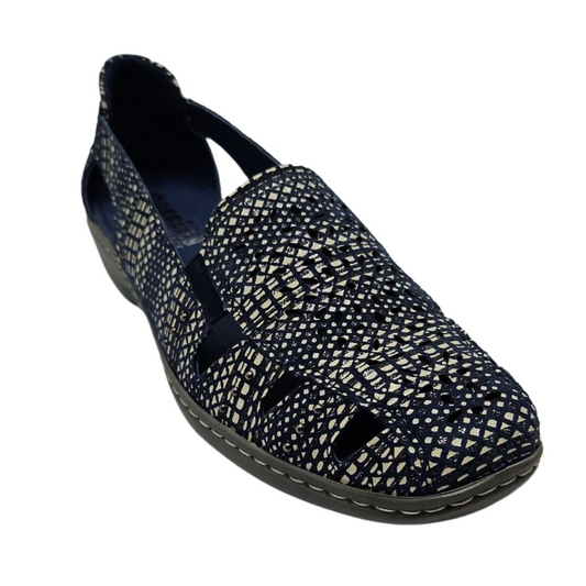 45 degree angled view of leather shoe with slightly squared toe with navy and cream design on the upper