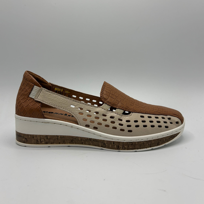 Brown and beige shoe with a white sole on a gray background