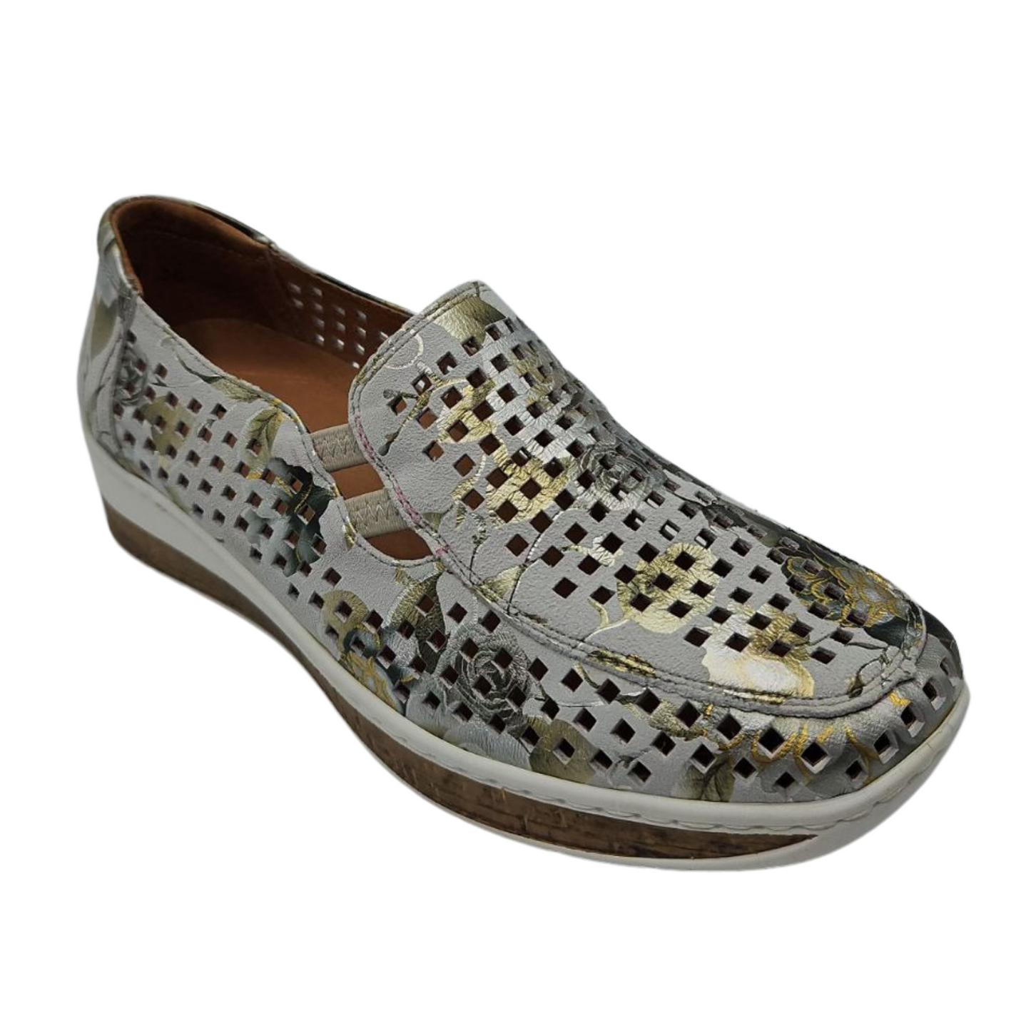 45 degree angled view of perforated leather shoe with padded footbed
