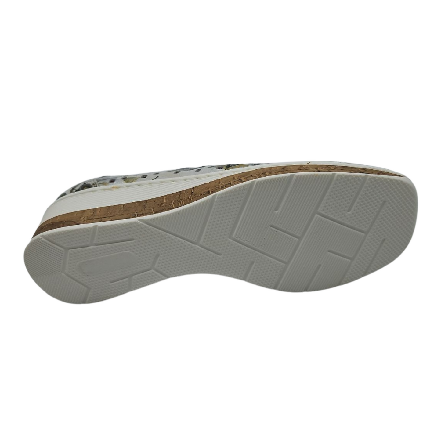 Bottom view of perforated leather shoe with padded footbed