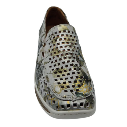 Front facing view of perforated leather shoe with padded footbed