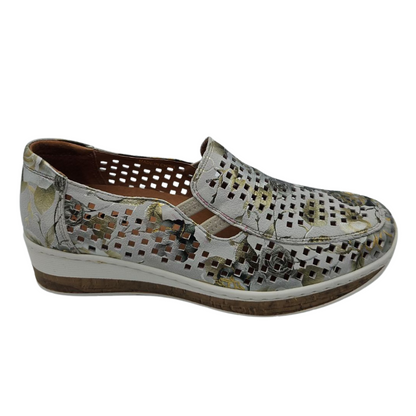 RIght facing view of perforated leather shoe with padded footbed