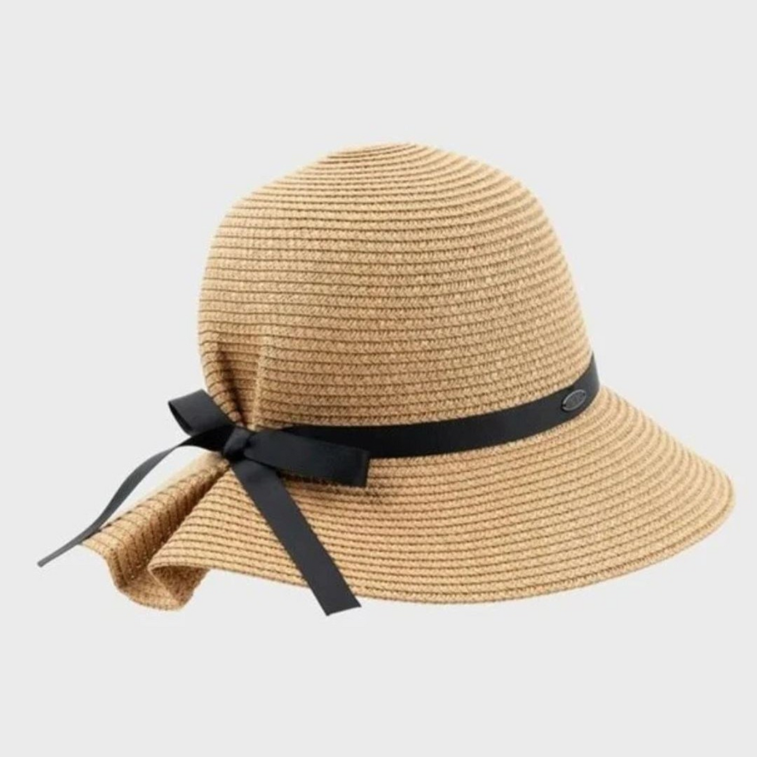 Back view of a woven sun hat with a black ribbon bow on the back.