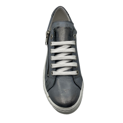 Top view of metallic grey sneaker with white laces and side zipper closure