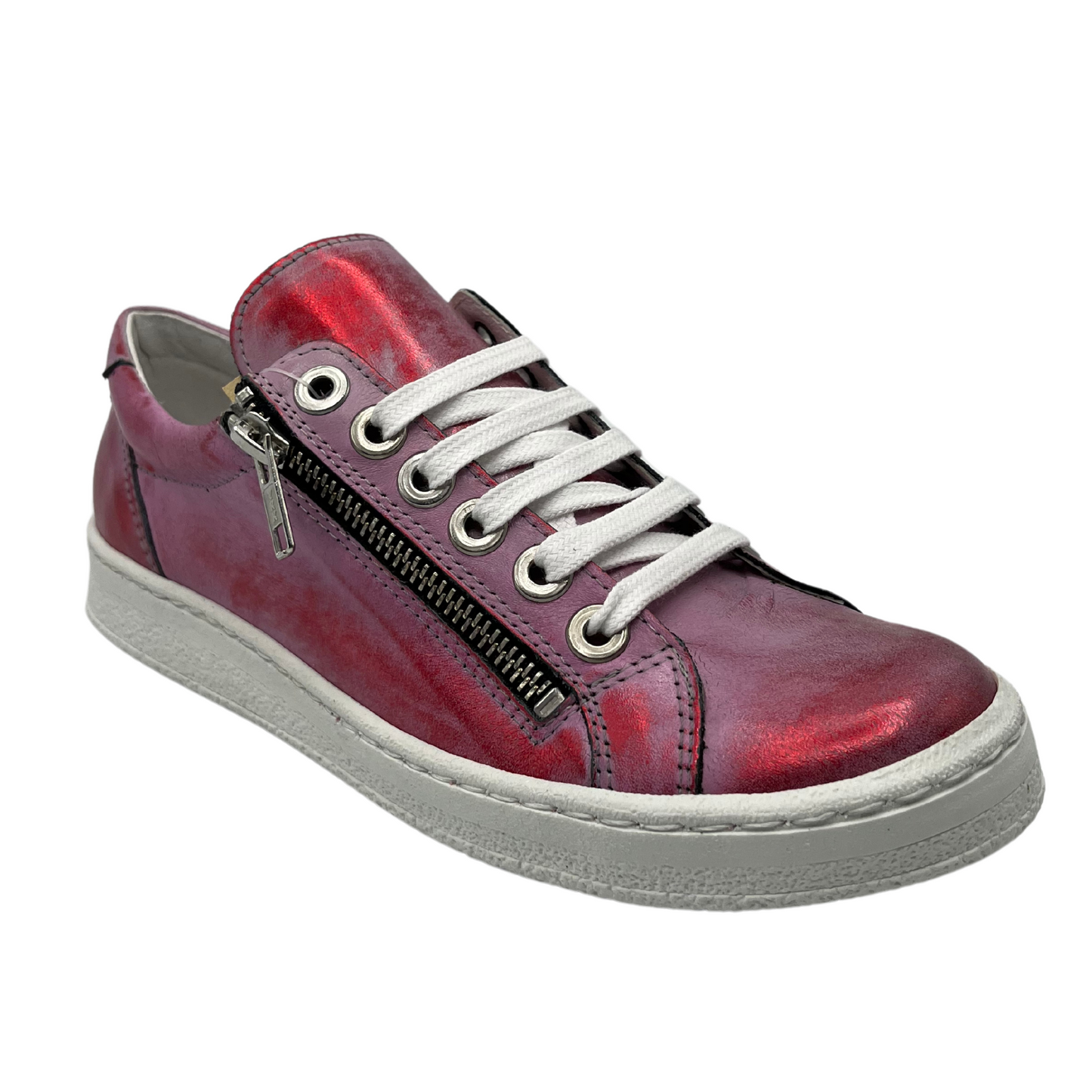 45 degree angled view of metallic red leather sneaker with white laces and side zipper closure