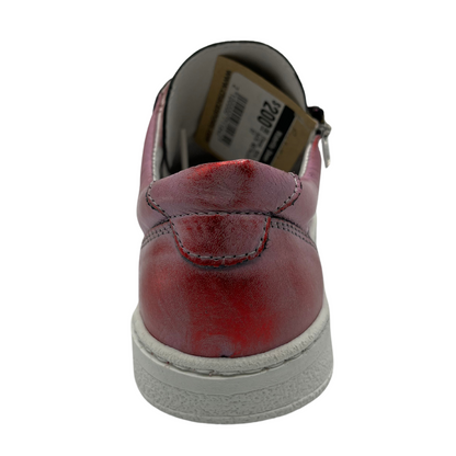 Back view of metallic red leather sneaker with white rubber outsole