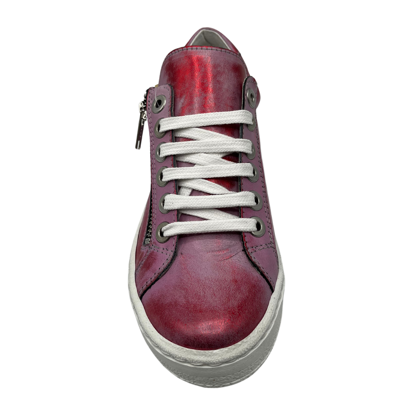 Top view of metallic red leather sneaker with white laces and side zipper closure