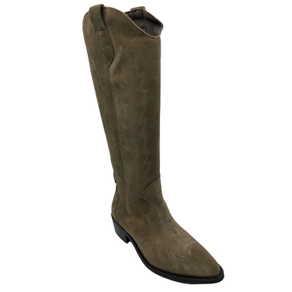 45 degree angled view of tall light brown cowboy boot with low heel